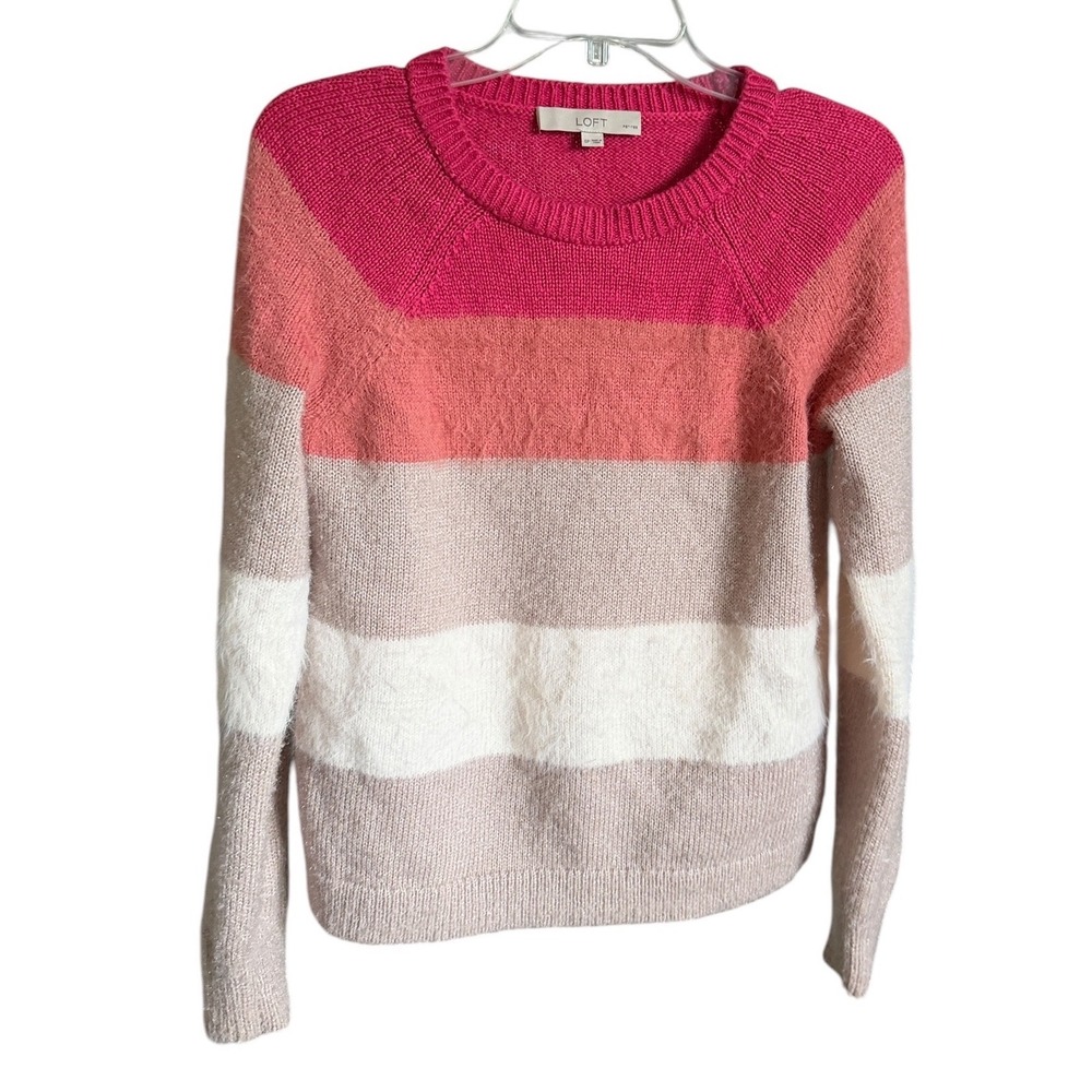 Loft Petite Striped Fuzzy Knit Sweater Pink Tan Colorblock Crewneck Pullover XS